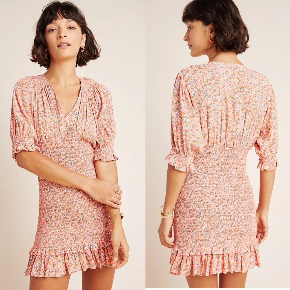 Faithfull The Brand Margherita Smocked Puff Sleeve Mini Dress Floral Pink